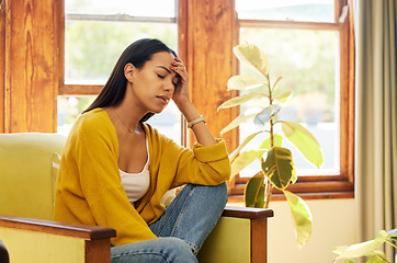 Image showing Headache, stress or Brazilian woman with mental health or burnout anxiety in house living room, home or counseling. Depression, exhausted or tired psychology patient thinking in wellness help therapy