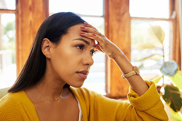 Image showing Woman headache, stress and anxiety in home with pain, problem and regret, depression and debt fear. Angry face, mad and sad person mental health thinking, lonely life problems and frustrated mistake