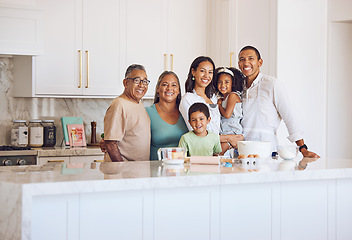 Image showing Cooking, family and portrait with grandparents in kitchen enjoying leisure together at Cancun home. Senior and young Mexican parents excited to teach small children baking skill for bonding activity.