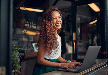 Image showing African woman, laptop and remote work at restaurant writing novel, digital content research or technical copywriter. Happy girl, entrepreneur and freelance worker or planning day at restaurant