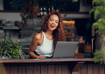 Image showing Woman, laptop and ideas in coffee shop, restaurant or Brazilian cafe for remote work, blog writing or ebook planning. Smile, happy and curious student with technology, learning innovation or strategy