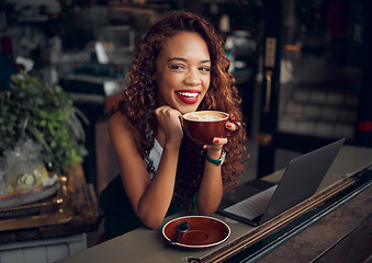 Image showing Black woman, coffee at cafe and remote work on laptop for freelance online digital marketing business. Coffee shop, cappuccino and hot drink working on SEO blog strategy for web advertising campaign