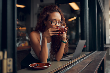 Image showing Coffee shop, laptop and black woman with remote work for copywriting, website marketing or working on social media post. Entrepreneur person at an internet cafe with pc for blog website inspiration