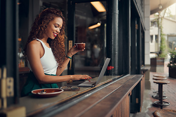 Image showing Remote work in cafe, laptop and blogger, woman with a coffee, working on content research for blog. Young, creative writer and freelance work, social network and internet search for ideas.