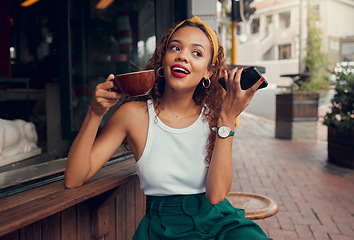 Image showing Phone, outdoor cafe and trendy woman or customer listening to audio at a coffee shop on the sidewalk. Fashion, internet and communication with a young female drinking coffee and enjoying city life
