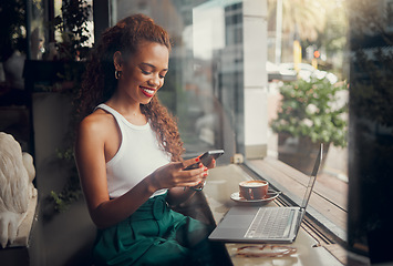 Image showing Woman entrepreneur with phone in a coffee shop, restaurant or cafe on social media app online. Happy and young freelance worker doing remote work planning on a mobile 5g smartphone internet schedule