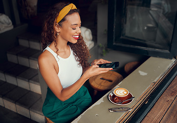 Image showing Phone, cafe and girl taking photograph of coffee to post on social media or restaurant review website. Happy woman in coffee shop in Brazil with smartphone, creative photo and cappuccino or latte art