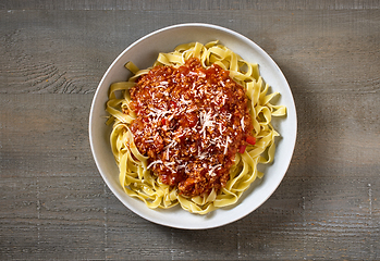 Image showing bowl of pasta tagliatelle with bolognese sauce