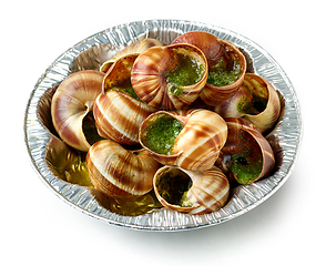 Image showing plate of baked escargot snails filled with parsley and garlic bu