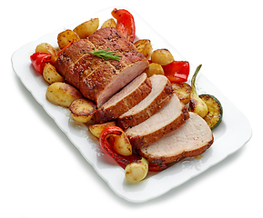 Image showing sliced roast pork with vegetables