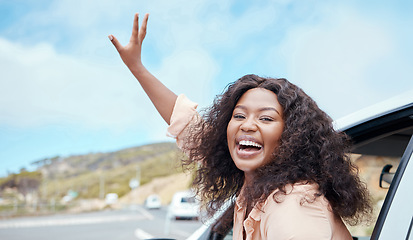Image showing Travel, road trip and excited black woman in window portrait for adventure journey, countryside lifestyle or outdoor holiday. Transportation car, happy person driving and sky cloud mockup background