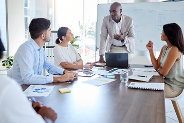 Image showing Black man, laptop or business meeting speaker in presentation, strategy planning or digital marketing global office boardroom. Talking manager, mentor and leadership in teamwork collaboration on tech