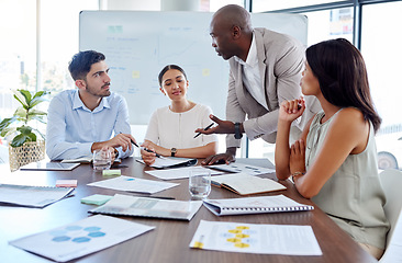 Image showing Project management, leadership and planning with business people in meeting for marketing strategy, consulting and teamwork. Collaboration, growth and future with employees in office for research