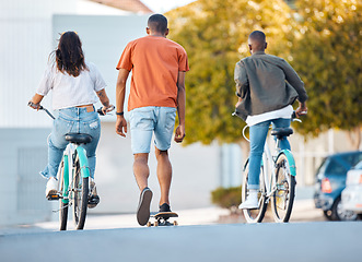 Image showing Bicycle, skateboard or freedom ride for friends on relax travel adventure for fun, street journey or health fitness. Bike cycling, road skateboarding or people on outdoor cardio, wellness or exercise