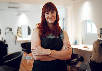 Image showing Salon, woman and portrait of happy hairdresser with smile, confidence or pride for work, luxury hair care or spa service. Designer hair stylist, small business owner or hair salon worker in studio