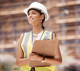 Image showing Logistics, shipping and business woman check containers for import, export and supply chain for global trade. Hard hat, female and use clipboard for inventory, cargo and inspection writing notes.