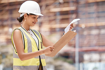 Image showing Construction worker, checklist and clipboard, woman and inspection, safety check and city building planning. Engineer at work site, protection helmet and working, construction and engineering.