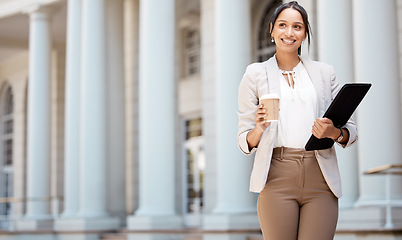 Image showing Thinking, coffee and businesswoman walking on city street with success mindset, idea or motivation with a smile. Professional female happy with career vision, opportunity or job in New York