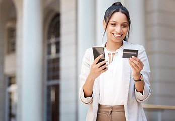 Image showing Finance, payment and credit card with woman and phone in city for online shopping, ecommerce or investment app. Fintech, internet and banking with customer and mobile for digital, economy and balance