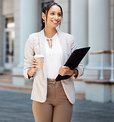 Image showing Thinking, coffee and business woman walking on a city street with smile, success mindset and motivation for company idea. Female happy with career vision, travel opportunity or job in New York