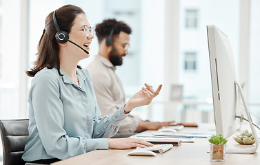 Image showing Call center, contact us and woman, phone call in business for customer service or telemarketing. Desk with computer, consulting with customer, consultant or agent, communication and support.