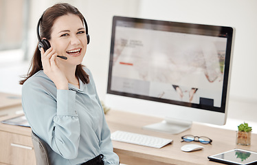 Image showing Call center employee, phone call and woman at desk, communication and working in customer service or telemarketing. Agent with headset, computer and consulting with client, consultant and support.
