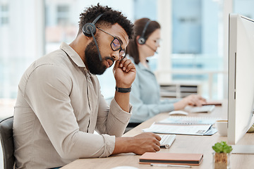 Image showing Burnout, stress and call center agent man on computer in telemarketing sale, website support career fatigue. Tired, anxiety or depression of online IT business support consultant or virtual advisor