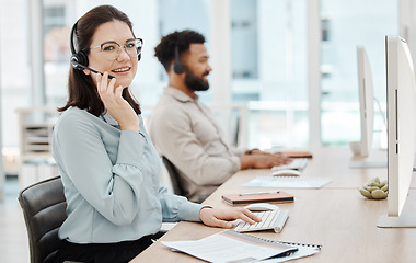 Image showing Call center, contact us and woman with headset at pc for customer service or telemarketing in office. Consultant, computer and female agent in CRM, communication and support agency with teamwork