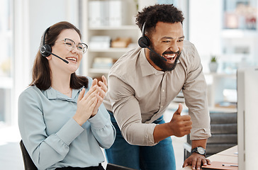 Image showing Crm, call center and thumb up with team celebration, wow and smile at work in office learning from manager. Man, woman and diversity in training for customer service, winner and goal in telemarketing