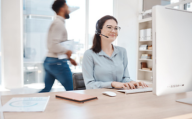 Image showing Call center, contact and computer with business woman for customer support, telemarketing and communication. Consulting, sales and internet with employee working in office for help desk, kpi and crm