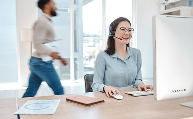 Image showing Woman with headset, customer support service and working at online call center or remote telemarketing business with a smile. Office crm consultant at desk, happy to help client and use PC ai for faq