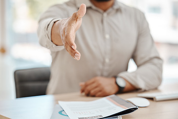 Image showing Hiring, handshake and welcome due to success in an interview for a new job position after negotiation agreement. Shaking hands, cv and hr manager greeting employee or worker after resume application