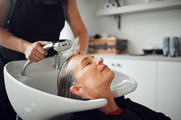 Image showing Hair salon, shampoo and customer woman for professional care, hairdresser service in startup shop, Beauty process, water cleaning and client hair care treatment for hairstylist small business career