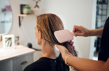 Image showing Hair salon, brush and beauty barber employee working on a woman client hairstyle change. Service worker, stylist and professional haircut of a female hairstylist working on grooming customer hair