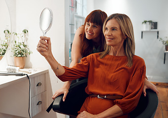 Image showing Hairstyle, hairdresser and woman with mirror happy with haircut in salon. Success, happiness and stylist with senior female client reflection in hair salon. Fashion, beauty and hair care for customer