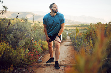 Image showing Runner, fitness and tired man on nature park trail for training, exercise and cardio health for a summer marathon. Sport, male athlete and hiking workout while resting and taking break to breathe