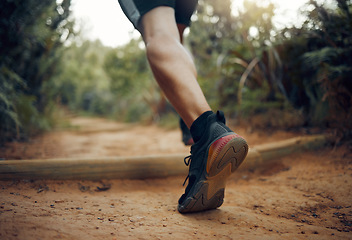 Image showing Hiking shoes, nature park trail running and fitness runner on a dirt walking road outdoor. Training, exercise and sport man on cardio, healthy and strong workout of an athlete doing morning sports