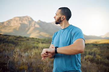 Image showing Exercise, thinking man and outdoor for view, workout or enjoy nature with digital watch for endurance. Wellness, fitness or healthy male in sportswear, peaceful outside for health or trainer stamina