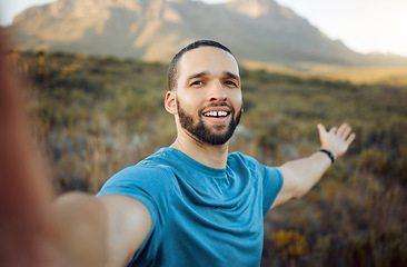 Image showing Nature hiking, selfie and influencer man live streaming for social media post, travel update and online landscape blog. Fitness, adventure pov person mountains trekking with 5g videography technology