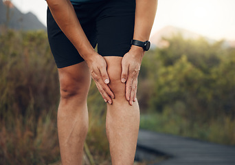 Image showing Knee pain, legs and arthritis of runner man, athlete and training, workout or exercise on hiking trail outdoors. Closeup bone fracture problem, muscle injury and body health risk for sports therapy