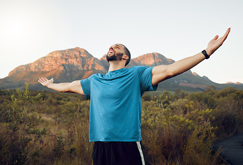 Image showing Mountain, sports man hands celebrate victory after fitness hike or climbing cardio adventure. Young happy male athlete, arms raised and wellness travel workout or outdoor runner success