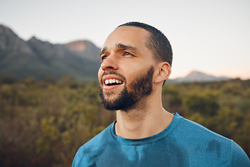 Image showing Happy man, sweating and motivation in nature fitness, training and workout in environment, countryside park or landscape. Sports runner, marathon personal trainer and exercise health mindset or goals