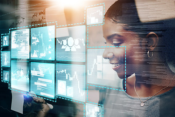 Image showing Technology, future and business woman brainstorming with sticky notes on a glass screen in modern office. Vision, futuristic tech and black woman with ideas for corporate company in business meeting