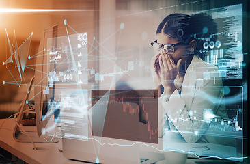 Image showing Stressed business woman, digital trading and analytics in big data, loss and investment at office. Corporate female trader suffering burnout, debt or failure in cryptocurrency or online stock market