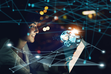 Image showing Woman on digital tablet, futuristic network overlay and iot cloud data communication hologram with blockchain coding technology. Future of cyber security, fintech software and information technology