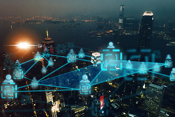 Image showing Smart city, iot network and cloud computing, night drone or aerial view of buildings or skyscrapers. Overlay, infrastructure or web connection, networking icons or future big data or futuristic nodes