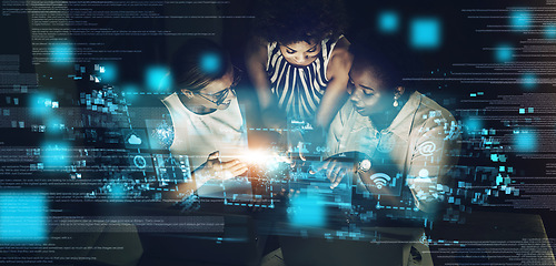 Image showing Woman, cyber security and IoT with technology for team, meeting or programming working at night with digital overlay. Group of female employee developers code, app or big data in futuristic network