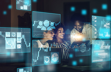 Image showing Stock market, overlay and trading team on finance, blockchain and forex digital website working on a strategy. Fintech, smile and happy traders studying global financial chart data analysis at night