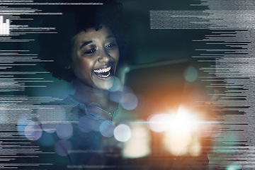 Image showing Digital overlay, business black woman and tablet technology innovation light bokeh for networking, fintech stock market analytics. Success, future and big data girl on information technology software