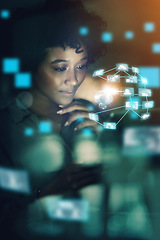 Image showing Woman, futuristic hologram and UX technology with an abstract iot digital transformation network. IT girl doing big data analytics, telecommunication overlay and online crypto blockchain in an office